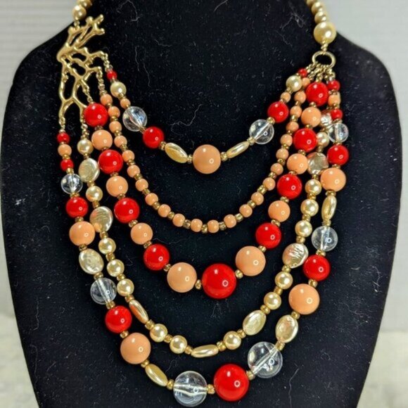 NRT Freshwater Fau Pearl Necklace Coral Acrylic Beads Multi Strands - Picture 1 of 4